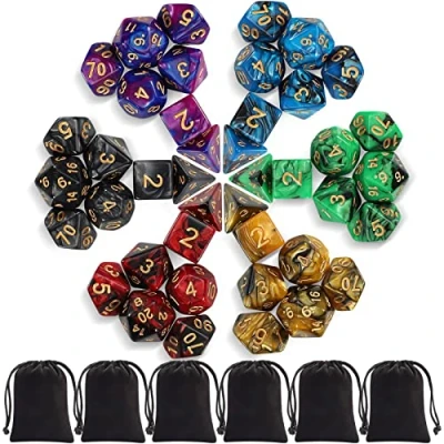 Abbildung von iFergoo Polyedrische Würfel Set, 6 x 7 (42 Stück) FarbSpielwürfel mit Schwarze Kordelzugbeutel für Dungeons and Dragons DND RPG MTG Tischspiele，6 Set von D4 D6 D8 D10 D% D12 D20