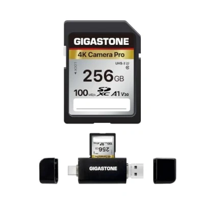 Abbildung von Gigastone 256GB SD Karte mit USB Typ C Kartenleser, V30, SDXC Speicherkarte, High Speed, 4K, Ultra HD, UHD Video, kompatibel Canon, Nikon, Sony, Panasonic, Digitalkamera, 1 Mini Hülle
