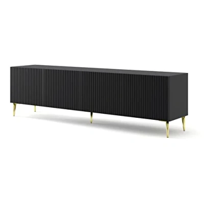 Abbildung von BIM Furniture Lowboard TV Schrank Ravenna B 4D 200 cm gefräste dekorierte MDF Fronten auf goldenen Metallbeinen Stehen Unterschrank Fernsehschrank Board Sideboard HiFi Tisch (Schwarz Matt)