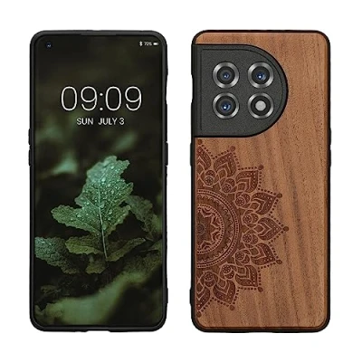 Abbildung von kwmobile Hülle kompatibel mit OnePlus 11 Holz Case Handy Cover TPU Handyhülle in Dunkelbraun Aufgehende Sonne