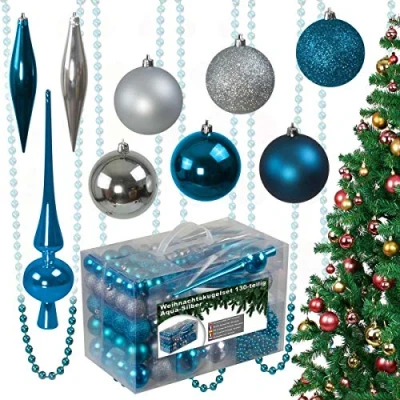 Abbildung von 130 teiliges Weihnachtskugeln Set aus Kunststoff Christbaumschmuck Baumschmuck in Glänzend Glitzernd Matt, Aqua/Silber