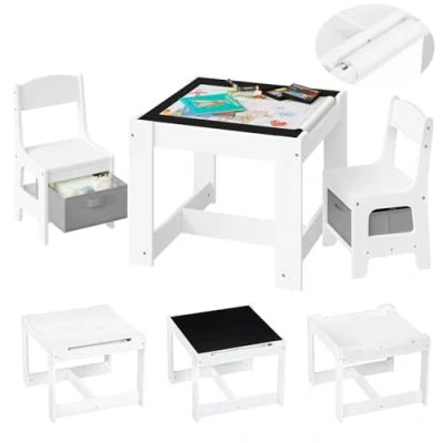 Abbildung von Lestarain Kindertisch mit 2 Stühlen, 3tlg Kindersitzgruppe, Set Stauraum, Malttisch Tischplatte Tafel und Papierrolle, Kinderzimmer, Spielzimmer, Vorschüler, Weiß