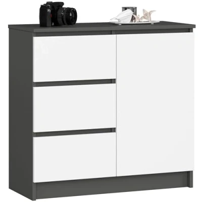 Abbildung von AKORD Kommode K 80 JERRY mit 3 Schubladen Schrank 2 Einlegeböden und 1 Tür Für das Wohnzimmer Schlafzimmer Moderne 16mm Laminierte Platte 80x77x35 cm Graphitgrau + Weiß Front