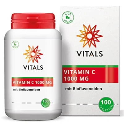 Abbildung von Vitals Vitamin C 1000mg 100 Tabletten mit Citrus Bioflavonoide Komplex, Hesperidin und Hagebutten Extrakt. Hochdosiert 100% Vegan.