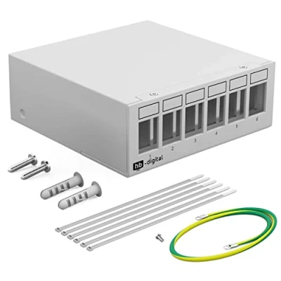 Abbildung von hb digital 6 Port Patchpanel Gehäuse für Keystone Module mit z.B. RJ45 Buchse RJ11 Socket Antennenstecker F Verbinder USB C A BF/AF HDMI Polklemme Gewindebuchse BNZ Hellgrau