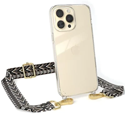 Abbildung von EAZY CASE Handykette Verstellbarer Gurt kompatibel mit iPhone 14 Pro Max, Schulterriemen, Flache Kordel, Handykordel Hülle, Hülle Kette, Grau/Schwarz Metall Gold