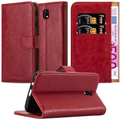 Abbildung von Cadorabo Hülle kompatibel mit Samsung Galaxy J7 2017 aus Premium Kunst Leder Flip Klappbare Stoßfeste Magnetische [Standfunktion] [Kartenfächern] Cover für Tasche in Rot