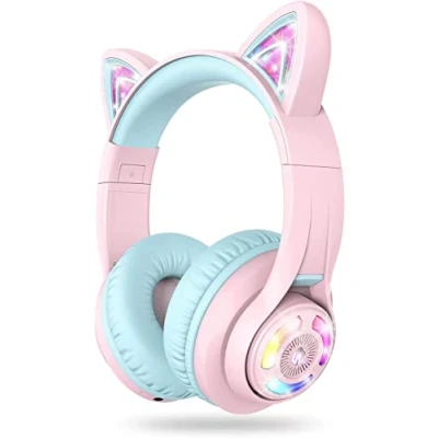 Abbildung von iClever Bluetooth Kopfhörer Kinder, Katzenohr LED Leuchten, Kabellose Kinder über dem Ohr mit MIC, 74/85/94dB Begrenzte Lautstärke, 5.2, 50 Stunden Spielzeit für Schule/Reisen