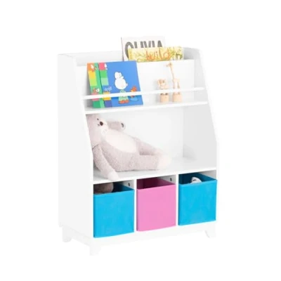 Abbildung von SoBuy Kinder Bücherregal Kinderregal mit Ablagefächern und 3 Boxen Spielzeugregal Aufbewahrungsregal für Spielzeug Organizer Weiß BHT ca. 63x80x28cm KMB34 F