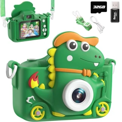 Abbildung von Kinderkamera Dinosaurier, Kinder Kamera 2&quot; Display 1080P, Selfie Digitalkamera mit 32GB, Fotokamera für 3 4 5 6 7 8 9 10 11 12 Jahre Jungen und Mädchen Geschenke Spielzeug (Grün)