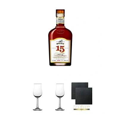 Abbildung von Brandy Suau 1851 15 Jahre 0,7 Liter + 2 Bugatti Nosing Gläser mit Eichstrich 2cl und 4cl Schiefer Glasuntersetzer eckig ca. 9,5 cm Ø