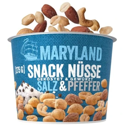 Abbildung von Maryland Snack Nüsse Salz &amp; Pfeffer 275g Becher Knackig lecker gewürzte Nussmischung mit gerösteten Erdnüssen, Cashewkernen und Mandeln Wiederverschließbarer (1 x 275g)