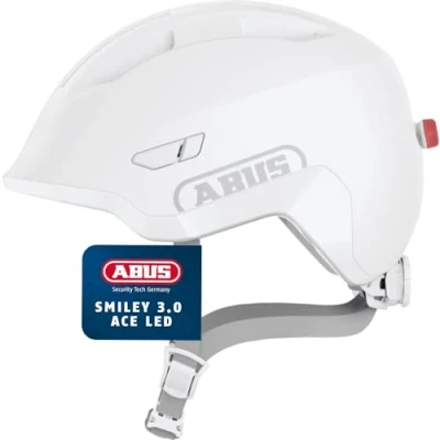 Abbildung von ABUS Kinderhelm Smiley 3.0 LED Fahrradhelm mit Licht Tiefe Passform &amp; Platz für einen Zopf Mädchen und Jungs Pure White, Größe M