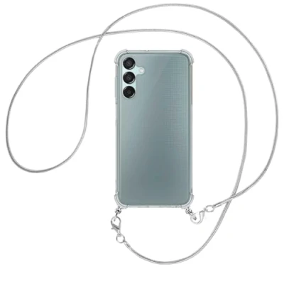 Abbildung von mtb more energy® Handykette kompatibel mit Samsung Galaxy M15 5G (6.5&#039;&#039;), F15 (SM E156, 6.6&#039;&#039;) silberfarbene Snake Kette/Metallteile: Gold Smartphone Hülle zum Umhängen TPU Case