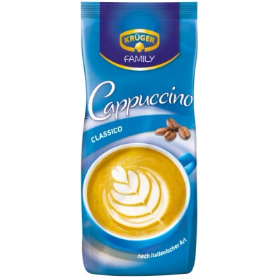Abbildung von KRÜGER Family Cappuccino Classico, aromatisiertes Getränkepulver mit löslichem Bohnenkaffee, koffeinhaltig, 500 g Beutel