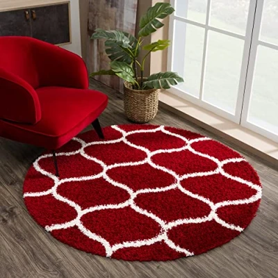 Abbildung von SANAT Madrid Shaggy Teppich Rund Hochflor Teppiche für Wohnzimmer, Schlafzimmer, Küche Rot, Größe: 80 cm
