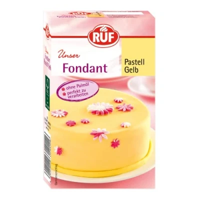 Abbildung von RUF Fondant Pastell Gelb, zum Formen von Figuren, Blumen und Buchstaben geeignet, Modellierfondant, Rollfondant, ohne Palmöl, glutenfrei &amp; vegan, 250g