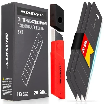 Abbildung von HASKYY Cuttermesser Abbrechklingen Ersatzklingen 20x SK5 Klingen 18mm aus Carbonstahl für Teppichmesser Cutterklingen Schwarz extrem scharf