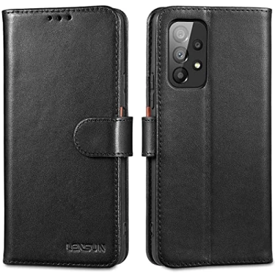 Abbildung von LENSUN Echtleder Hülle für Samsung Galaxy A53, Handyhülle [Echtes Leder] [Magnetverschluss] [RFID Schutz] Handytasche Lederhülle A53 5G Schwarz