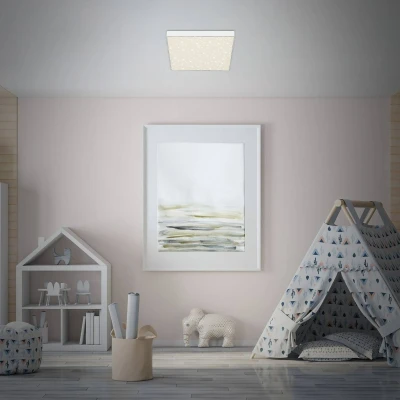 Abbildung von BRILONER LED Deckenlampe mit Sternenhimmel, rahmenlos, neutralweiße Lichtfarbe, Lampe, Deckenleuchte, Wohnzimmerlampe, Schlafzimmerlampe, Küchenlampe, 28,7x28,7x3,6 cm, Weiß