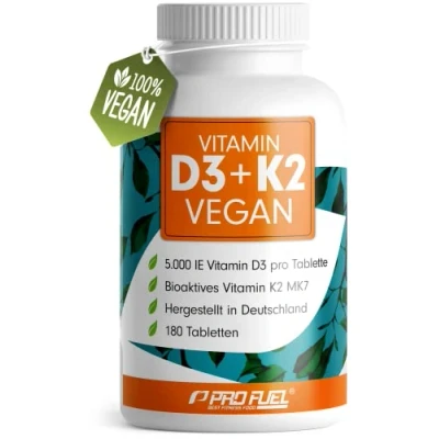 Abbildung von Vitamin D3 K2 vegan 180 Tabletten mit 5000 IE + 200 mcg (MK7) hochdosiert und in bioaktiver MK7 Form laborgeprüft Zertifikat Vorratspack: