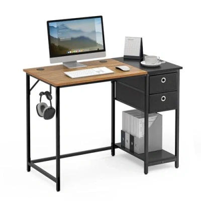 Abbildung von Mondeer Schreibtisch, Computertisch mit Schubladen und Kopfhörer Halter, 100x50x76cm, für Büro Arbeitszimmer Wohnzimmer, Vintage Braun Schwarz
