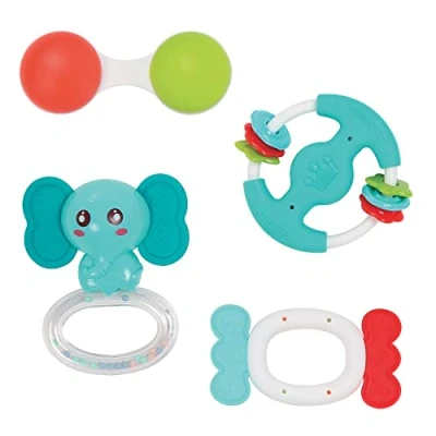 Abbildung von LUDI Set mit 4 Rasseln Baby Spielzeug Maracas, Beißring Ab 3 Monaten 30113 Mehrfarbig