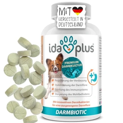 Abbildung von Ida Plus Darmbiotic Probiotika zur Darmsanierung für den Hund Darmflora aufbauen nach Durchfall gesunde aktive Darmbakterien Immunsystem Regulierung Verdauung 120 Tabletten