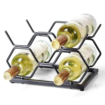 Abbildung von Drincarier Weinregal für 5 Flaschen, freistehend, modernes goldfarbenes Metall, kleines Tisch Weinhalter Schrank, Speisekammer, Weinflaschenaufbewahrung