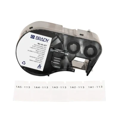 Abbildung von Brady Selbstlaminierendes Vinyl Vorgefertigte Etiketten für Etikettendrucker BMP41/BMP51/BMP53/M511 200 Klebeetiketten Schwarz auf Weiß, Transparent (19,05 mm (B) x 25,40 (H)) M4 48 427