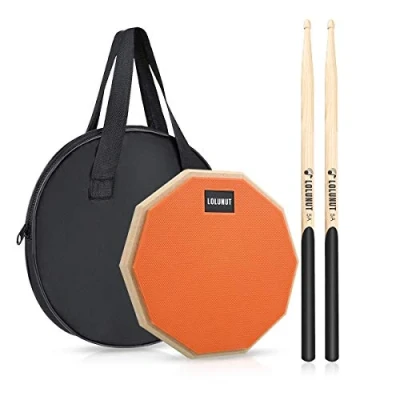 Abbildung von Lolunut Dumb Drum, Practice Pad, 2 seitig, leises Übungspad, weicher Gummi, Holzsockel, mit Massivholz Drumsticks 20,3 cm, Orange