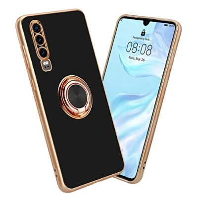 Abbildung von Cadorabo Hülle kompatibel mit Huawei P30 Schutzhülle TPU Silikon Case Ring Design Kameraschutz Slim Kratzfest Weiche Gummi Rundumschutz für in Schwarz