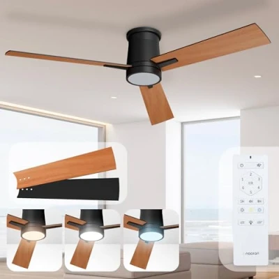 Abbildung von Noaton Deckenventilator mit Beleuchtung und Fernbedienung, Schwarz/Dunkelholz, 3 Flügel, Liese, 6 Geschwindigkeiten, Ø132 cm, Dimmbar LED 22,9 W, Timer, DC Motor 35 Sommer Winterbetrieb