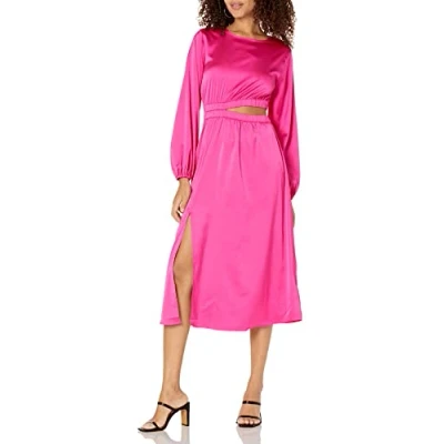 Abbildung von The Drop Damen Jacob Seidiges, Langärmliges Midikleid mit Diskretem Ausschnitt, Rosa, L