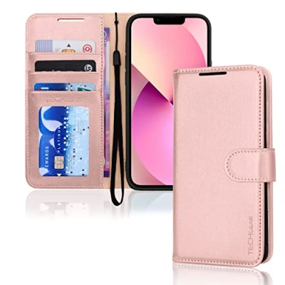 Abbildung von TECHGEAR hülle iPhone 13 Mini Leder PU Flip Schutzhülle Ledertasche [Brieftasche] Handyhülle mit Ständer und Handschlaufe Rosa Kompatible