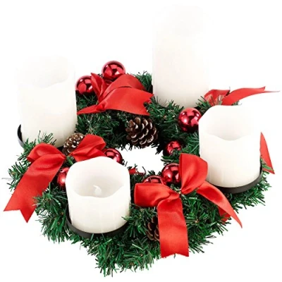 Abbildung von Britesta Adventkranz LED: Adventskranz mit weißen LED Kerzen, rot geschmückt (Adventskranz Lichtern, Weihnachtskranz Lichter, Kabellose Weihnachtskerzen)