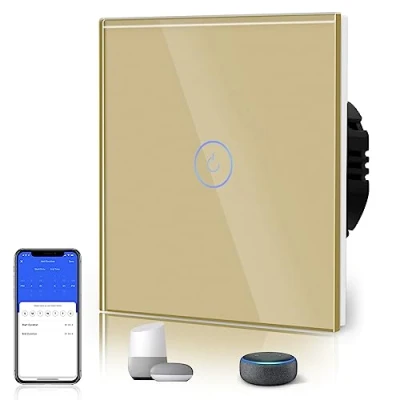 Abbildung von BSEED Smart WiFi Berührungssensorschalter (Neutrale Leitung benötigt) Alexa und Google Home Work mit Tuya Für Office Decoration Kristall Glas Platte Wandlichtschaltern 1 Fach Wag Gold