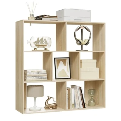 Abbildung von eSituro Bücherregal Regal Würfelregal Standregal 7 offene Fächer horizontal vertikal oder kopfüber verwendbar für Wohnzimmer Schlafzimmer Büro helle Eiche