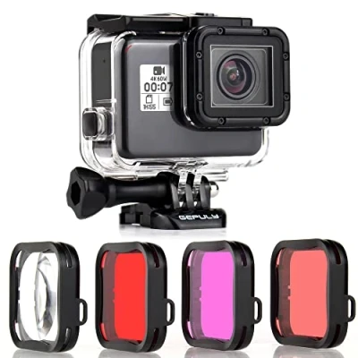 Abbildung von GEPULY Wasserdichtes Gehäuse mit Tauchfiltern für GoPro Hero 5 6 7 Black (2018) Kameras 45 m Unterwasser Tauchgehäuse Rot/Schnorchel/Magenta/5X HD Nahaufnahmen