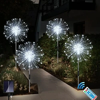 Abbildung von Joysing Gartendeko Solar Gartenleuchte Außen, 4 x 120 LED Feuerwerk Lichter mit Fernbedienung, 8 Modi Gartenstecker Wasserdicht Solarlampen für Garten Terrasse Deko kaltweiß