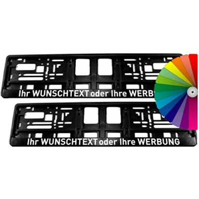 Abbildung von Satz (2 Stück) Kennzeichenhalter MIT INDIVIDUELLEM WUNSCHTEXT VOLLUMRANDUNG Beschriftung Werbung Spruch Text personalisiert