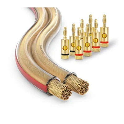 Abbildung von conecto CC50536 OFC Professional Audio Lautsprecherkabel, Querschnitt 2x1,50mm² (99,9% Vollkupfer 48x0,20mm Litze), 30,0m, transparent, Set inkl. 8 Bananenstecker