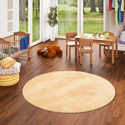 Abbildung von Kinderzimmer Kunstfell Teppich Extra Weich &amp; Flauschig Hochwertiger Super Soft Pearl Rund Gelb für Kinderzimmer, Jugendzimmer