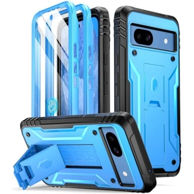Abbildung von POETIC Revolution Series Hülle Kompatibel mit Pixel 8A 5G, Ganzkörper robuste stoßfeste Schutzhülle Ständer, integrierter Displayschutz für Arbeit Fingerabdruck ID, Blau