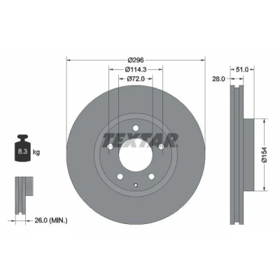 Abbildung von TEXTAR 92148100 Bremsscheibe 296 28 05/06 114,3 innenbelüftet ohne Radbefestigungsbolzen, Radnabe MAZDA: MPV 2