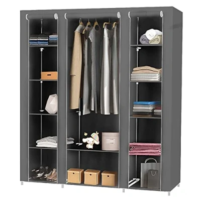 Abbildung von HUOLE Stoffkleiderschrank,Aufbewahrung für Kleidung Kleiderständer faltbar Ankleidezimmer Schlafzimmer Vintage Style,Faltschrank mit Kleiderstange,172 * 134 43cm Grau