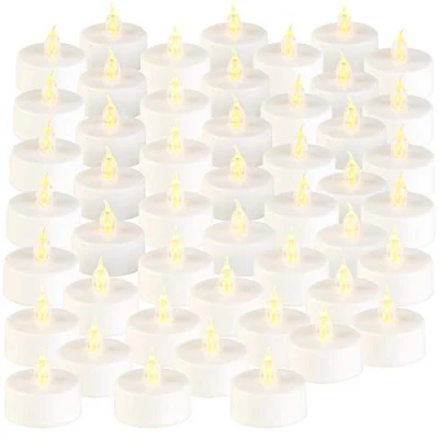 Abbildung von Lunartec Kerze: 48er Set LED Teelichter mit flackerndem Licht, Batteriebetrieb (LED ohne Flamme, Flackerlicht Mini Kerzen, Halloween Beleuchtung)