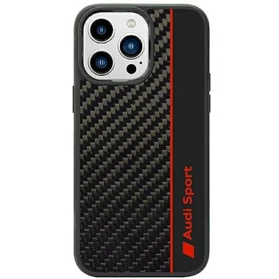Abbildung von Audi Sport Handyhülle Kompatibel mit iPhone 14 Pro Max Stoßabsorbierende Hülle Carbon präzisen Aussparungen für Kamera, Anschlüssen &amp; Tasten Schwarz roten Details