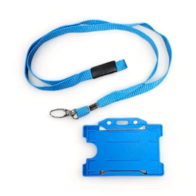 Abbildung von ALG ID Cards® Blauer Ausweishalter blaues Schlüsselband Kartenhalter Umhängeband mit Metallclip und Sicherheitsverschluss für Passhalter