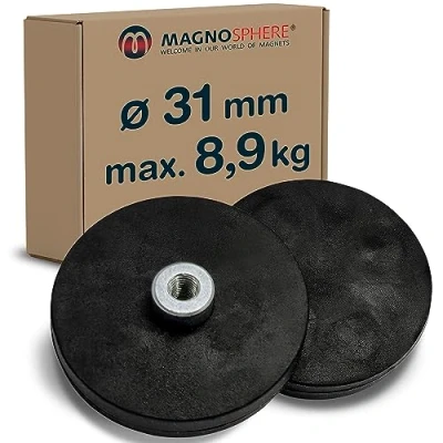 Abbildung von 2 x Neodym Magnet System gummiert Ø 31 mm Gewinde Buchse (Innen Gewinde) M4 Haftkraft 8,9 kg Stück Starke Magnete mit Gummi für Schrauben Haken Ösen, Größe: Ø31mm 8.9kg